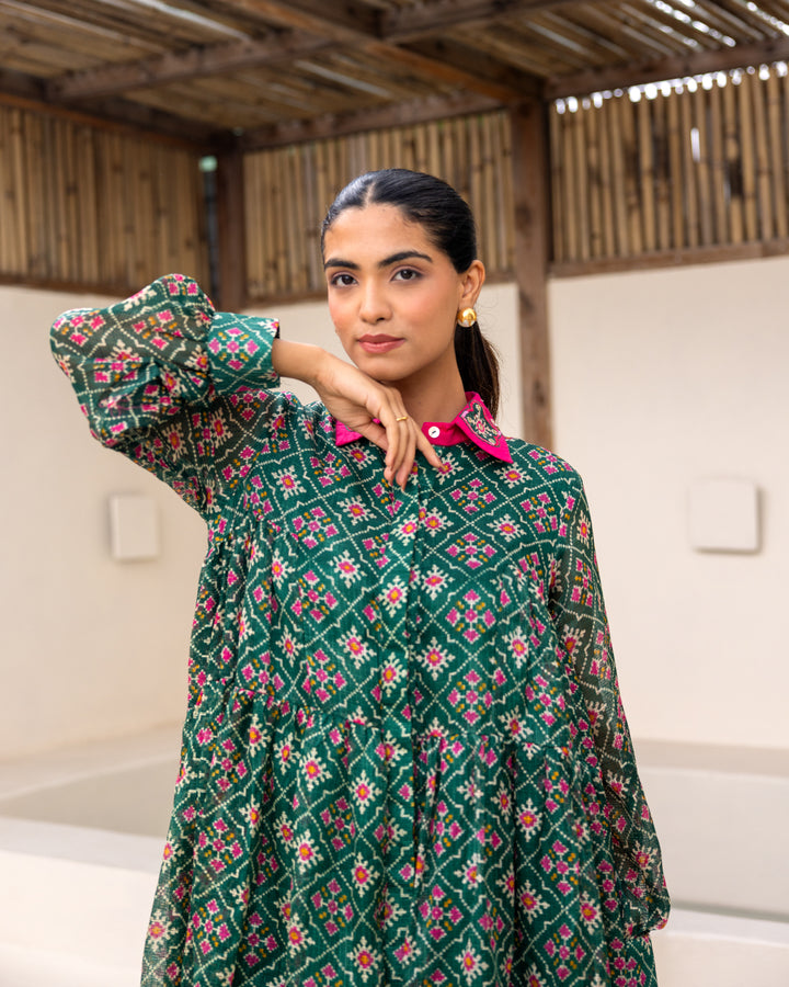 Green Bandhani Shirt Dress