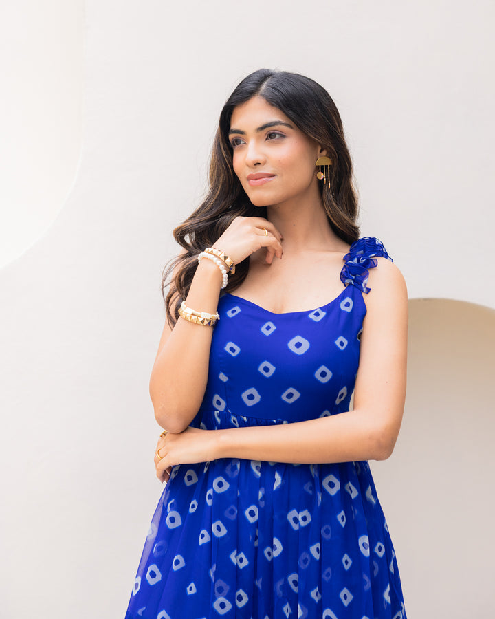 Blue Bandhani Ruffle Dress