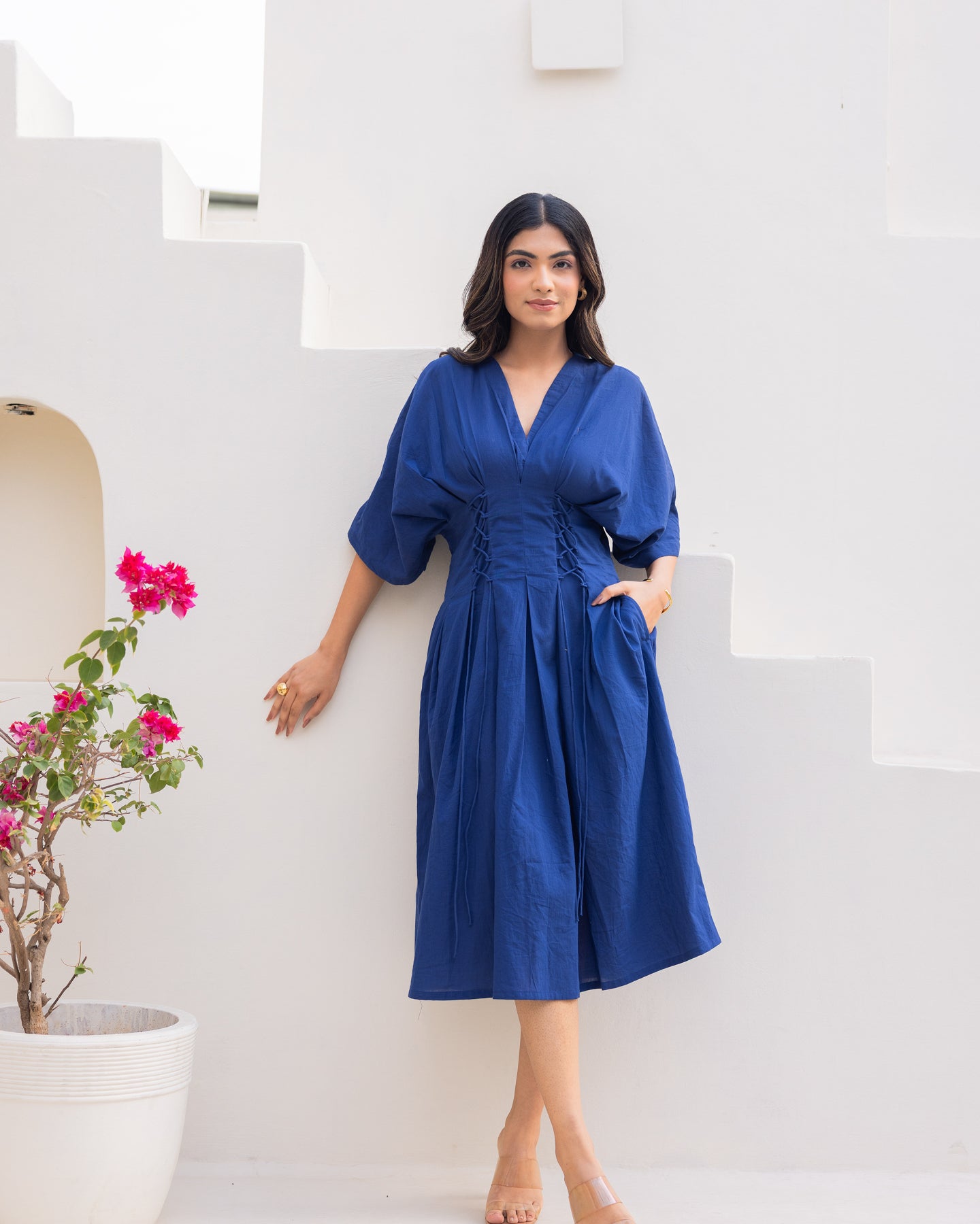 Ambraee Navy Blue Kimono Sleeve Cotton Midi Dress for Women | Waist Tie  Casual Dress