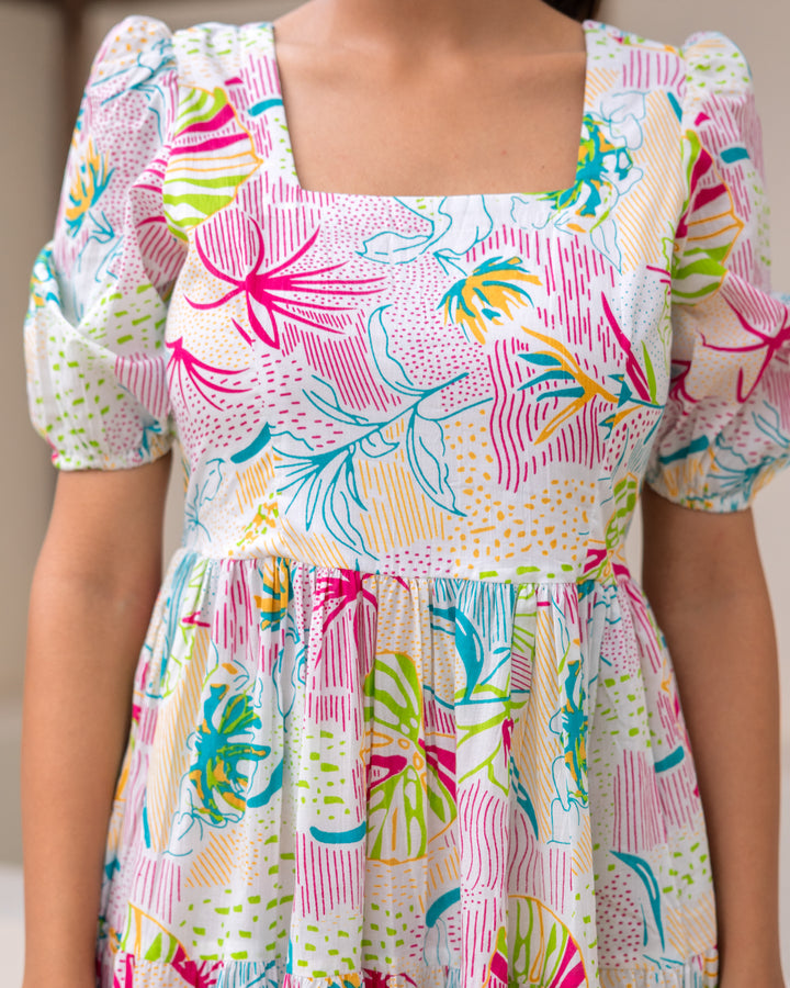 Multi Floral White Tiered Dress