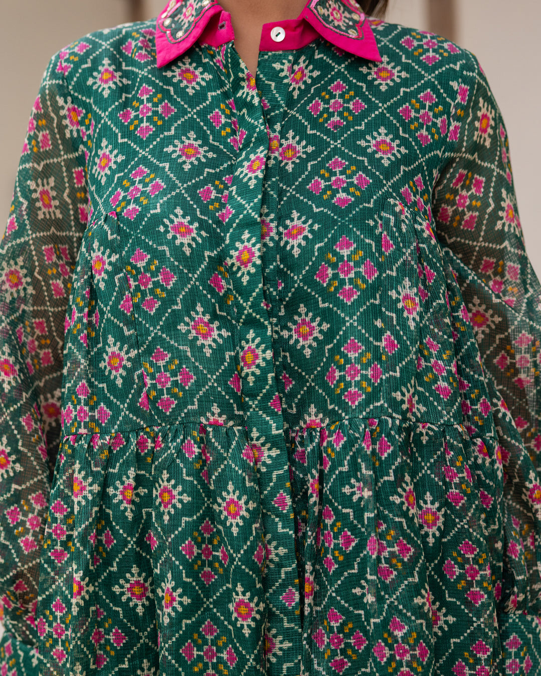 Green Bandhani Shirt Dress