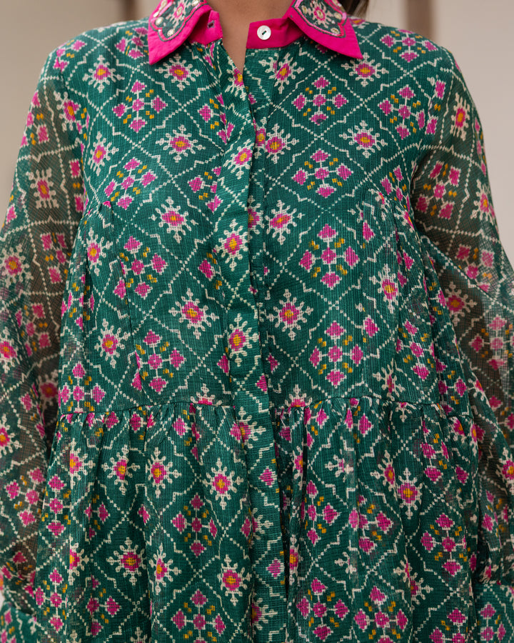 Green Bandhani Shirt Dress