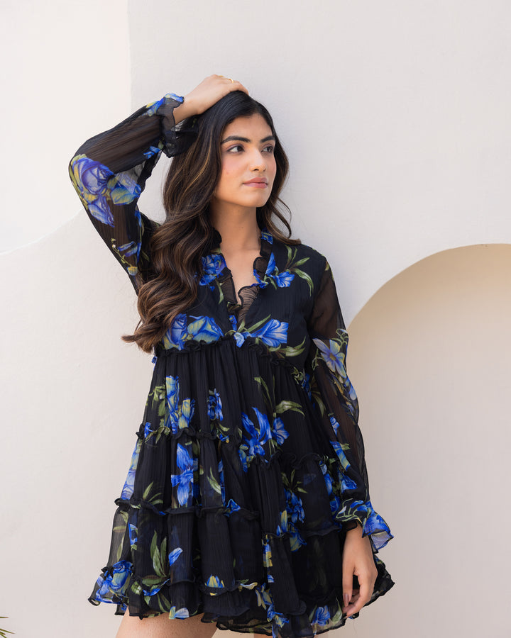 Black Floral Chiffon Dress