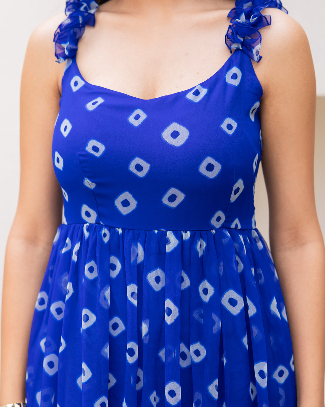 Blue Bandhani Ruffle Dress