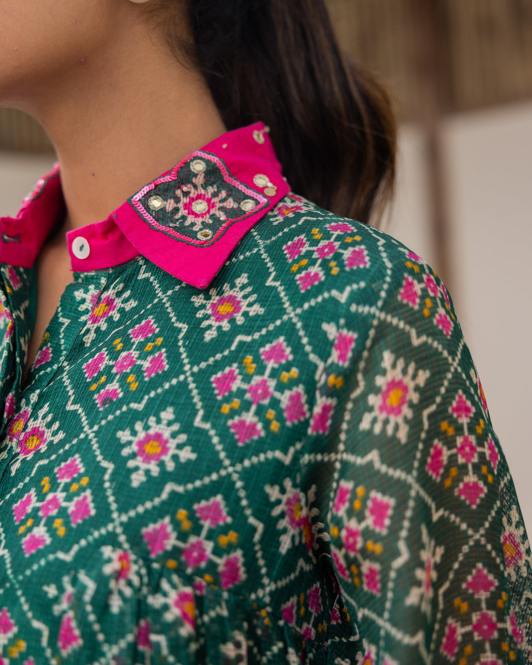 Green Bandhani Shirt Dress