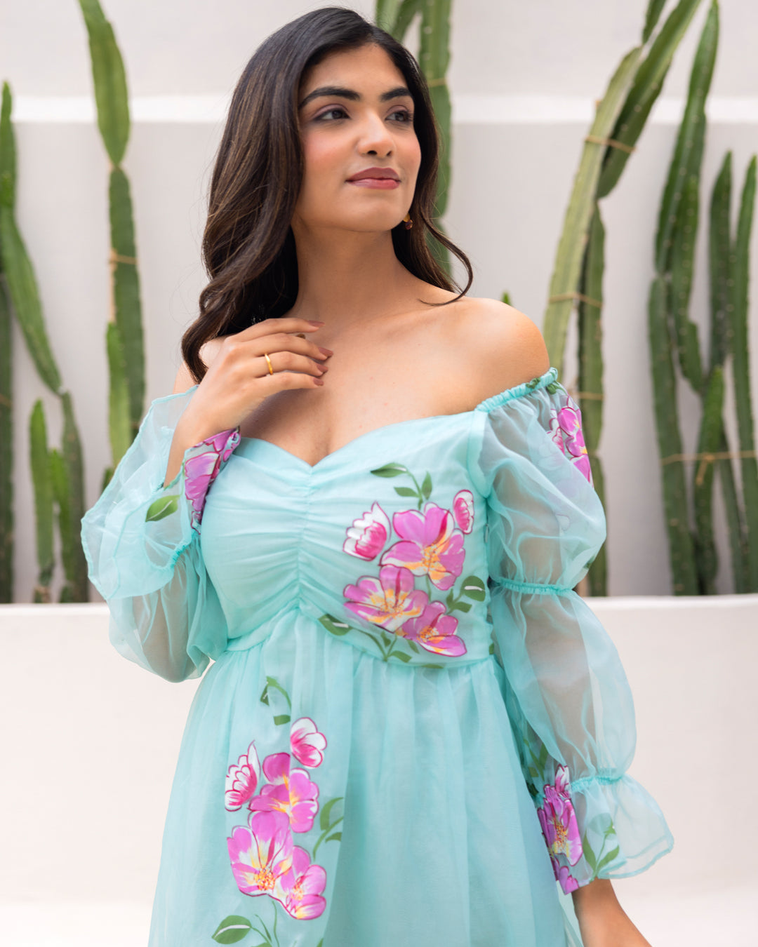 Sky Blue Organza Floral Dress