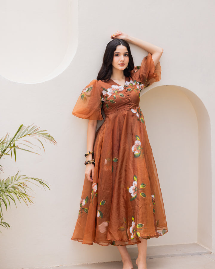 Brown Organza Floral Dress