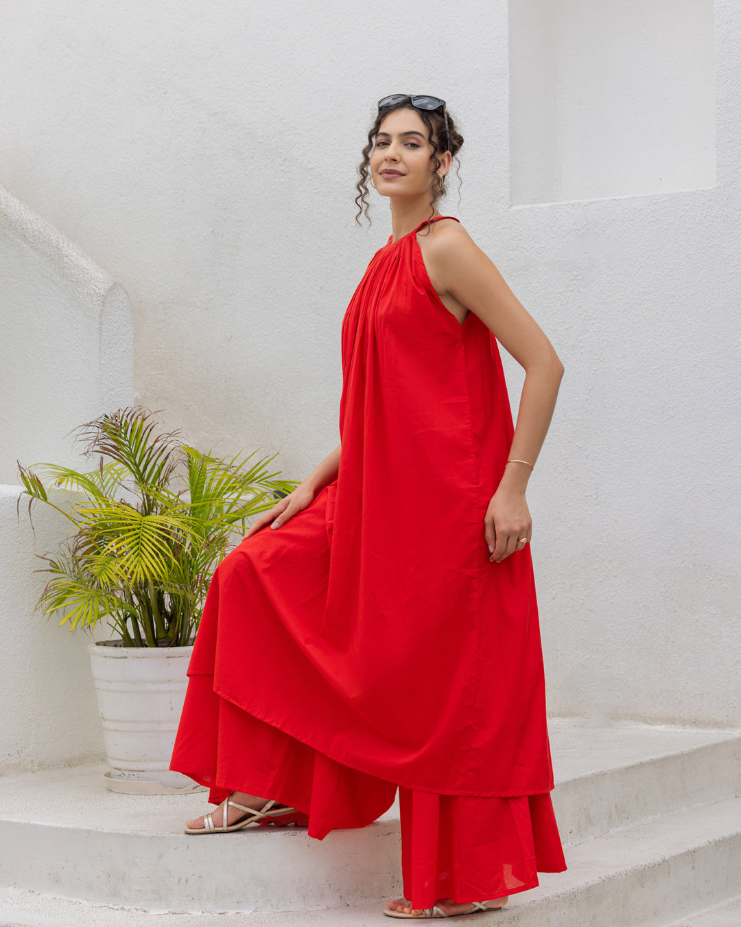 Red Halter Neck Kurta Set