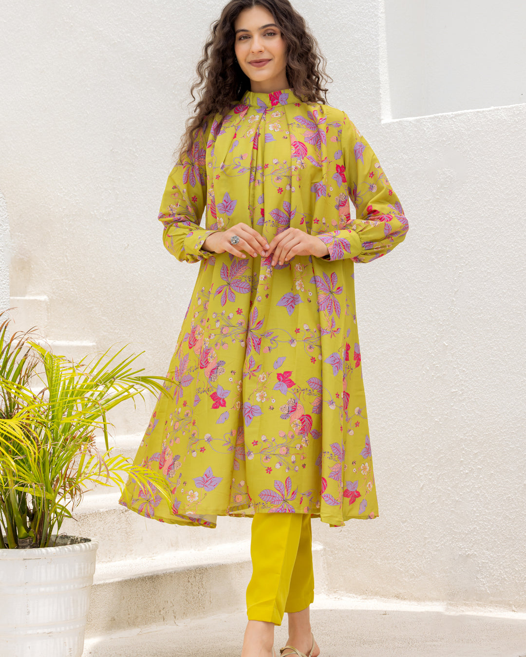 Lime Floral Printed Kurta set