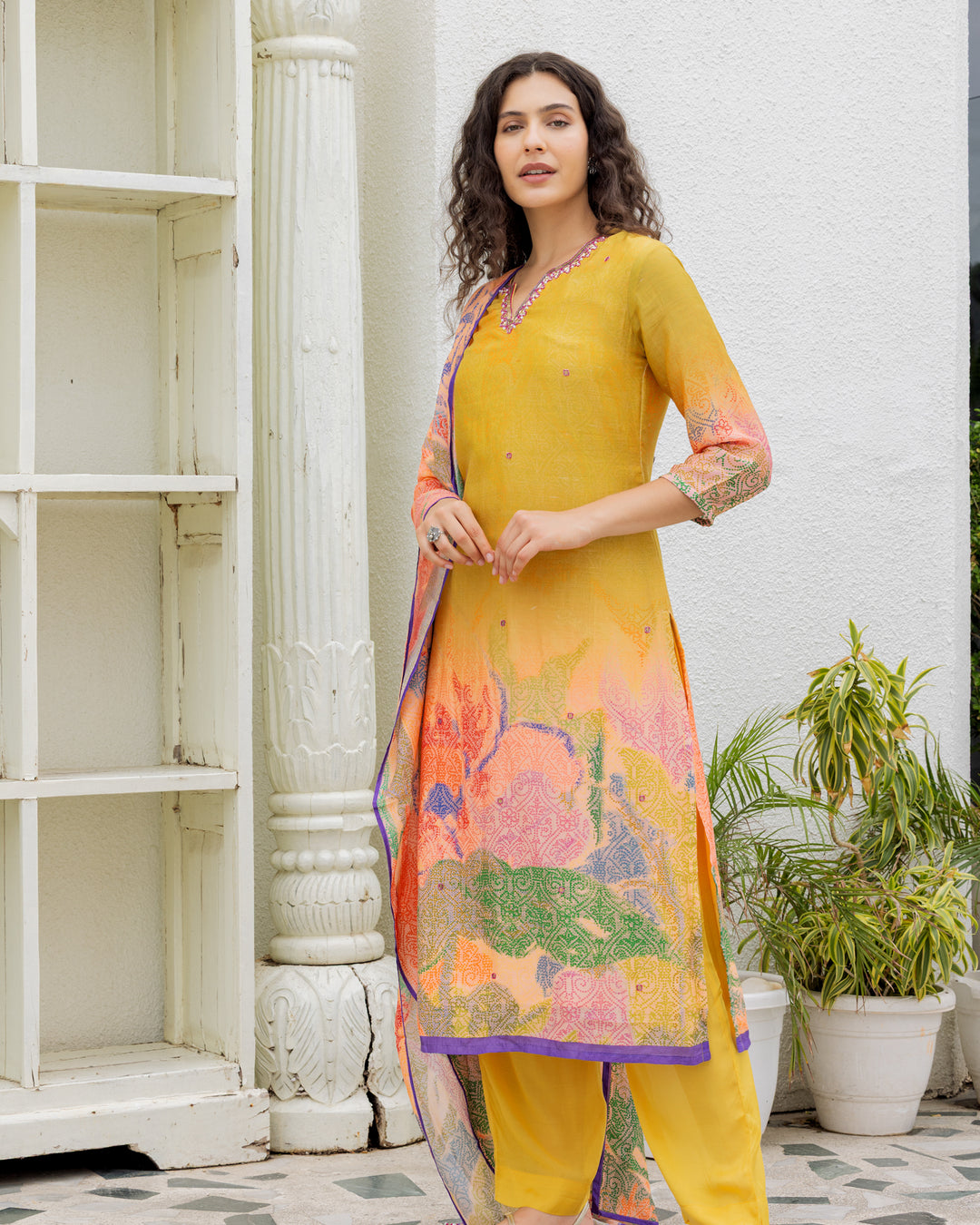 Mustard Silk Printed Suit Set