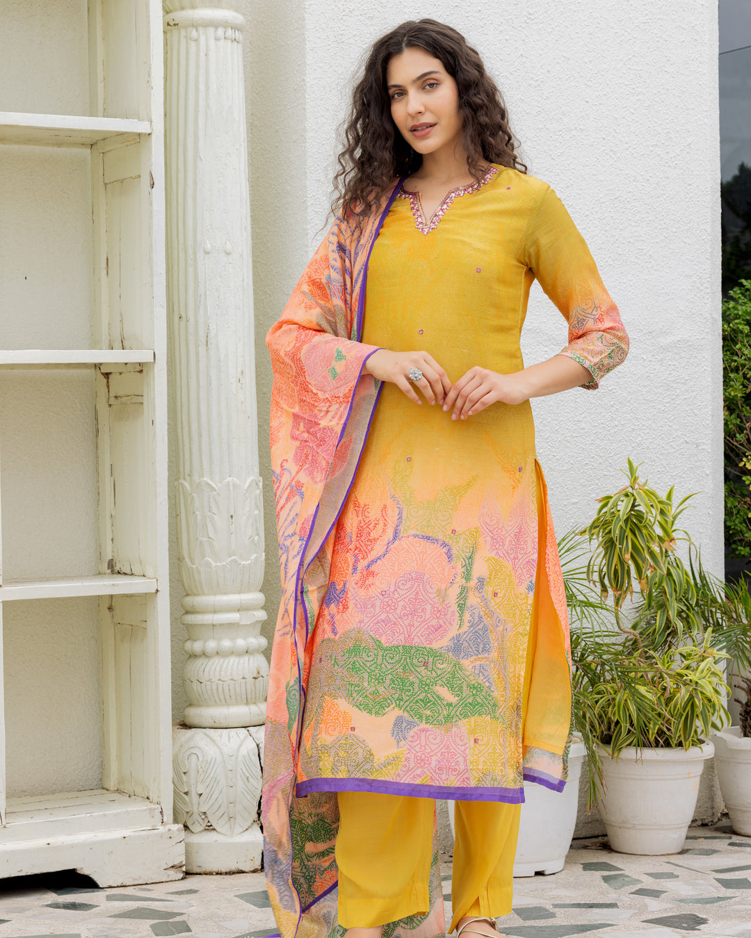 Mustard Silk Printed Suit Set