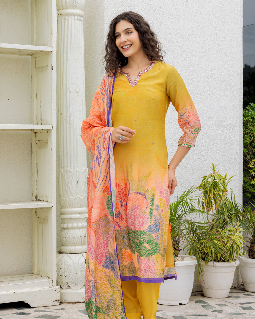 Mustard Silk Printed Suit Set