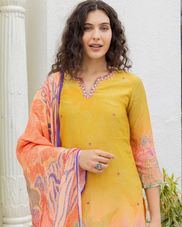 Mustard Silk Printed Suit Set