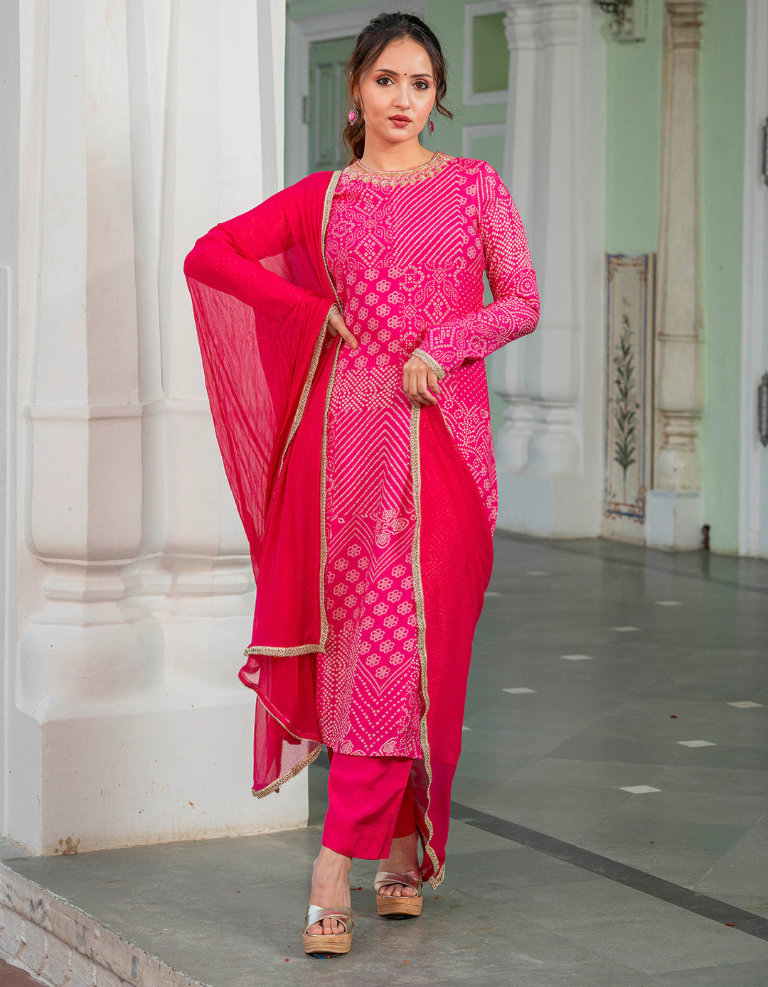 Pink Bandhej Muslin Suit Set