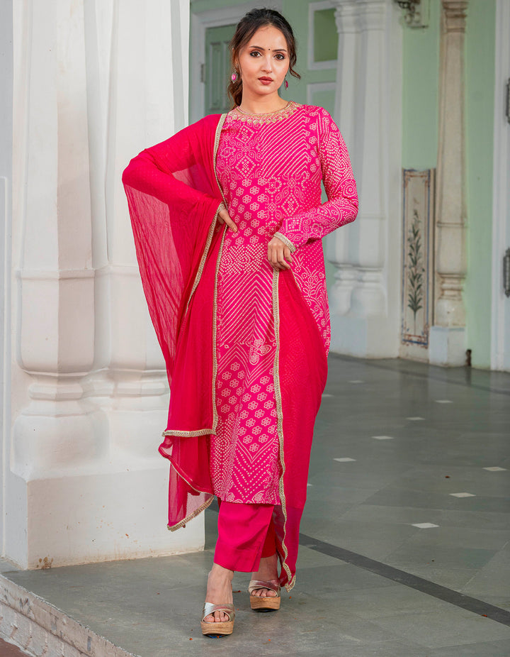 Pink Bandhej Muslin Suit Set