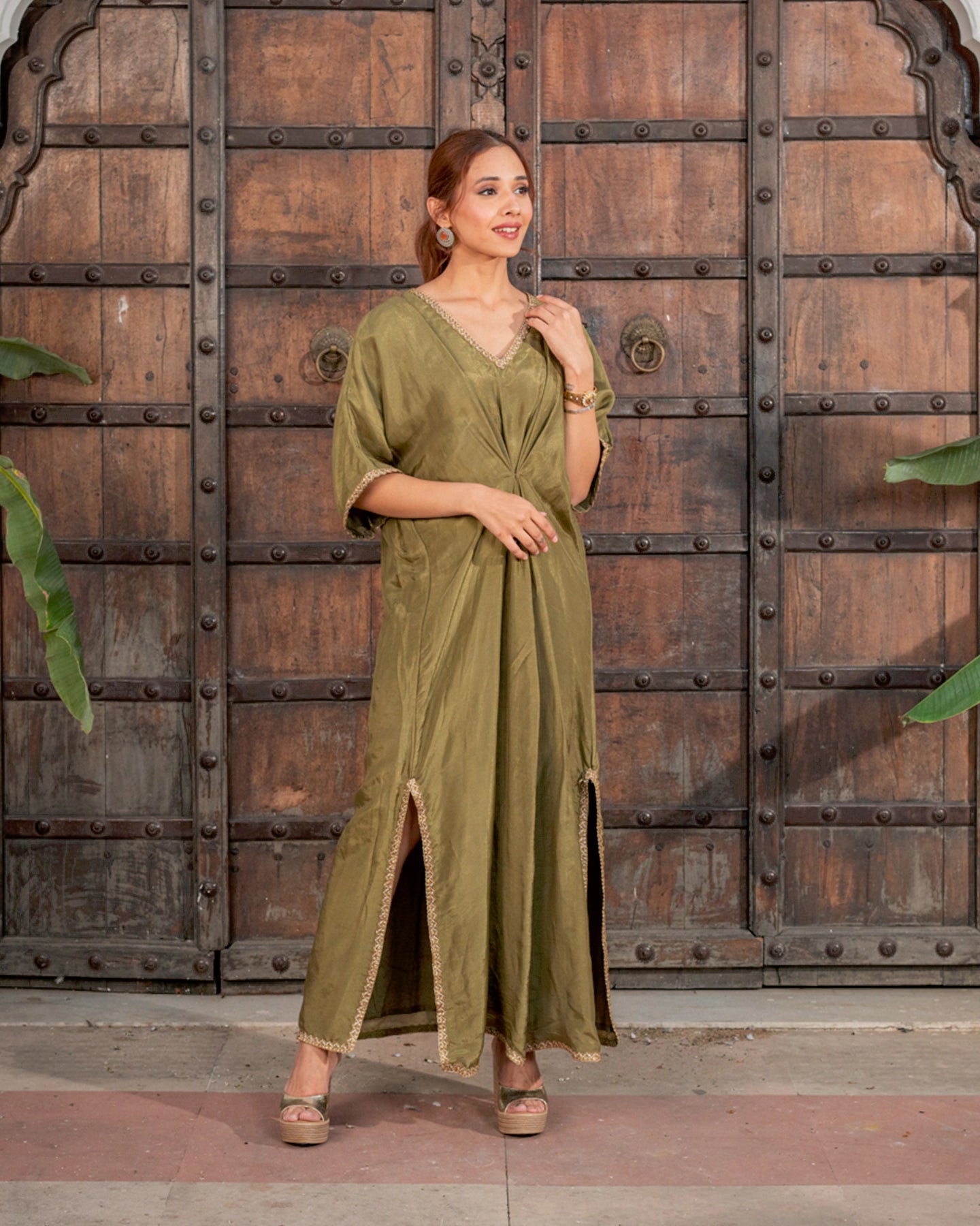 green emerald velvet dress Plain Dyed Kaftan Linen main image 0