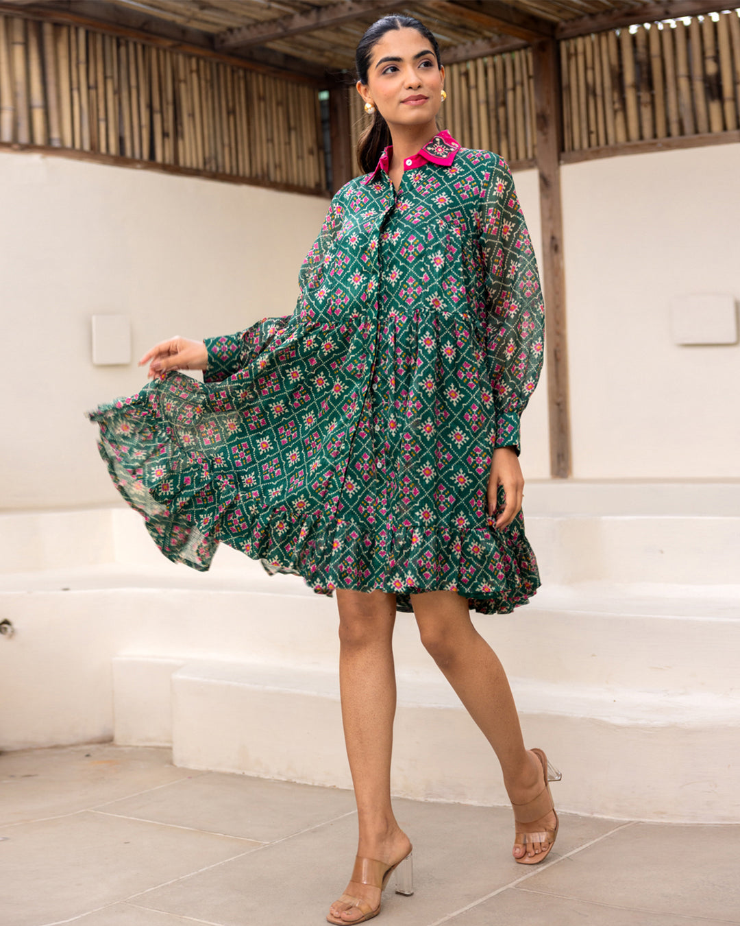 Green Bandhani Shirt Dress