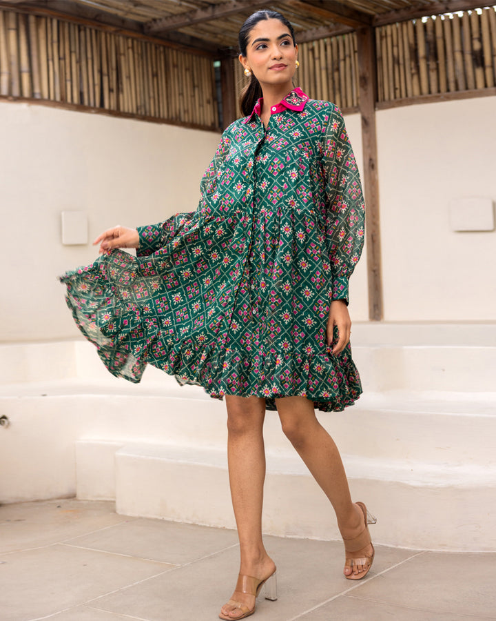 Green Bandhani Shirt Dress