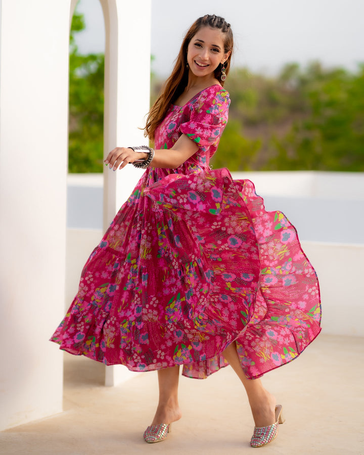 FUSCHIA TIERED FLARED DRESS