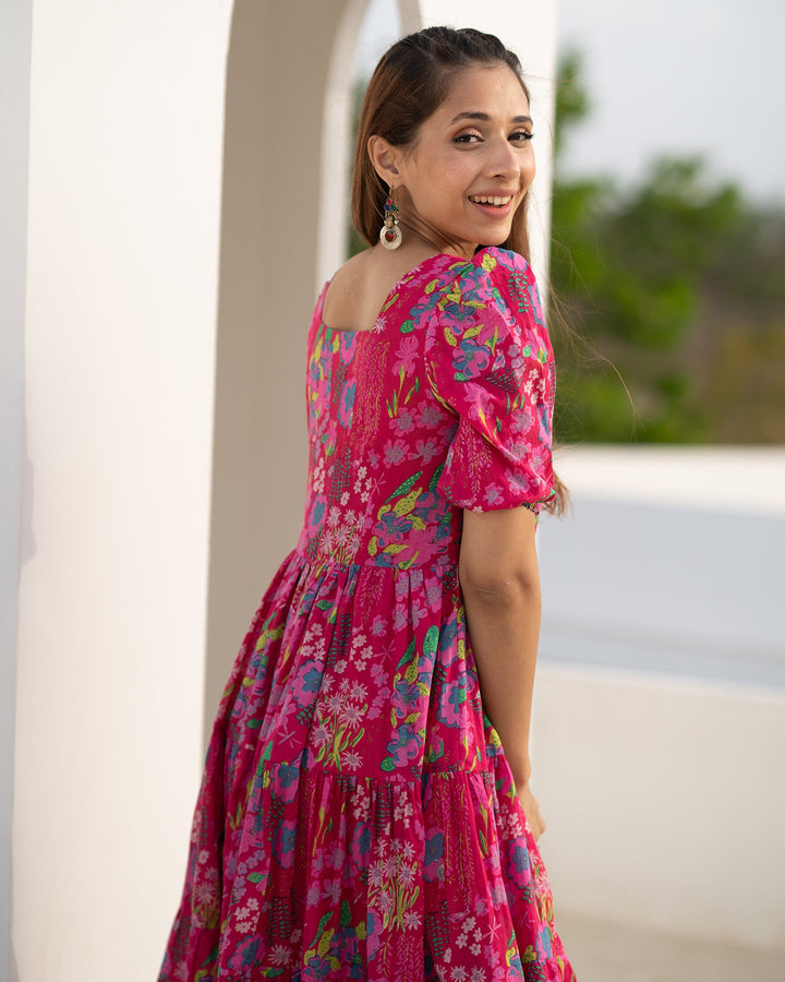 FUSCHIA TIERED FLARED DRESS