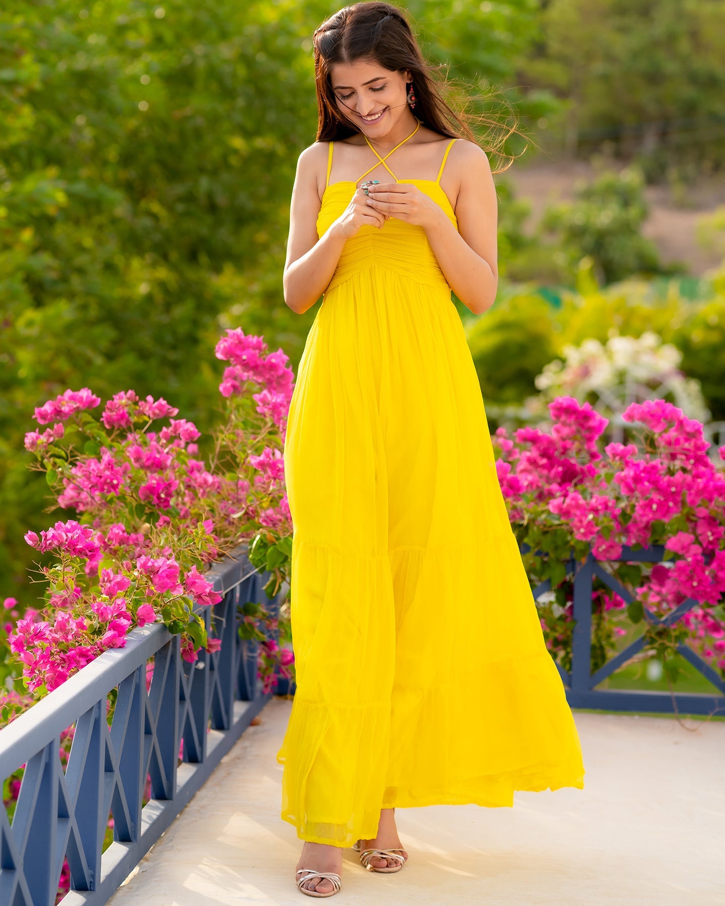 Ambraee Yellow Chiffon Tiered Maxi Dress for Women | Strappy Crisscross Neck Sleeveless Dress Ambraee Yellow Chiffon Tiered Maxi Dress for Women | Strappy Crisscross Neck Sleeveless Dress