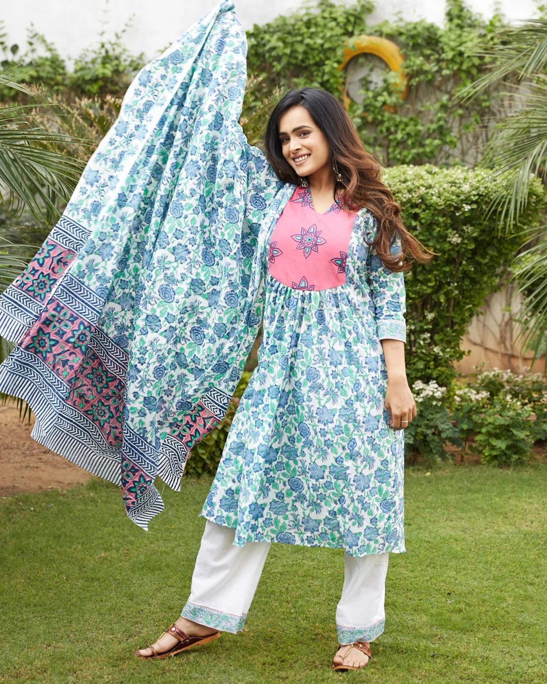 Green Floral Embroidered Yoke Suit Set