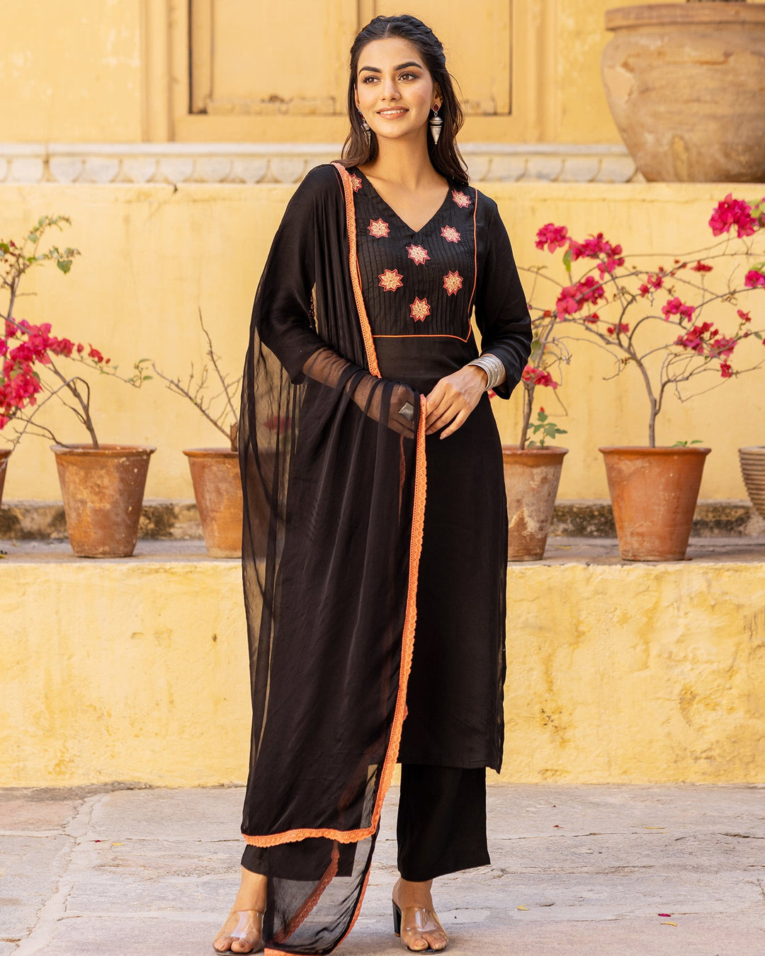 Black Muslin Patchwork Suit