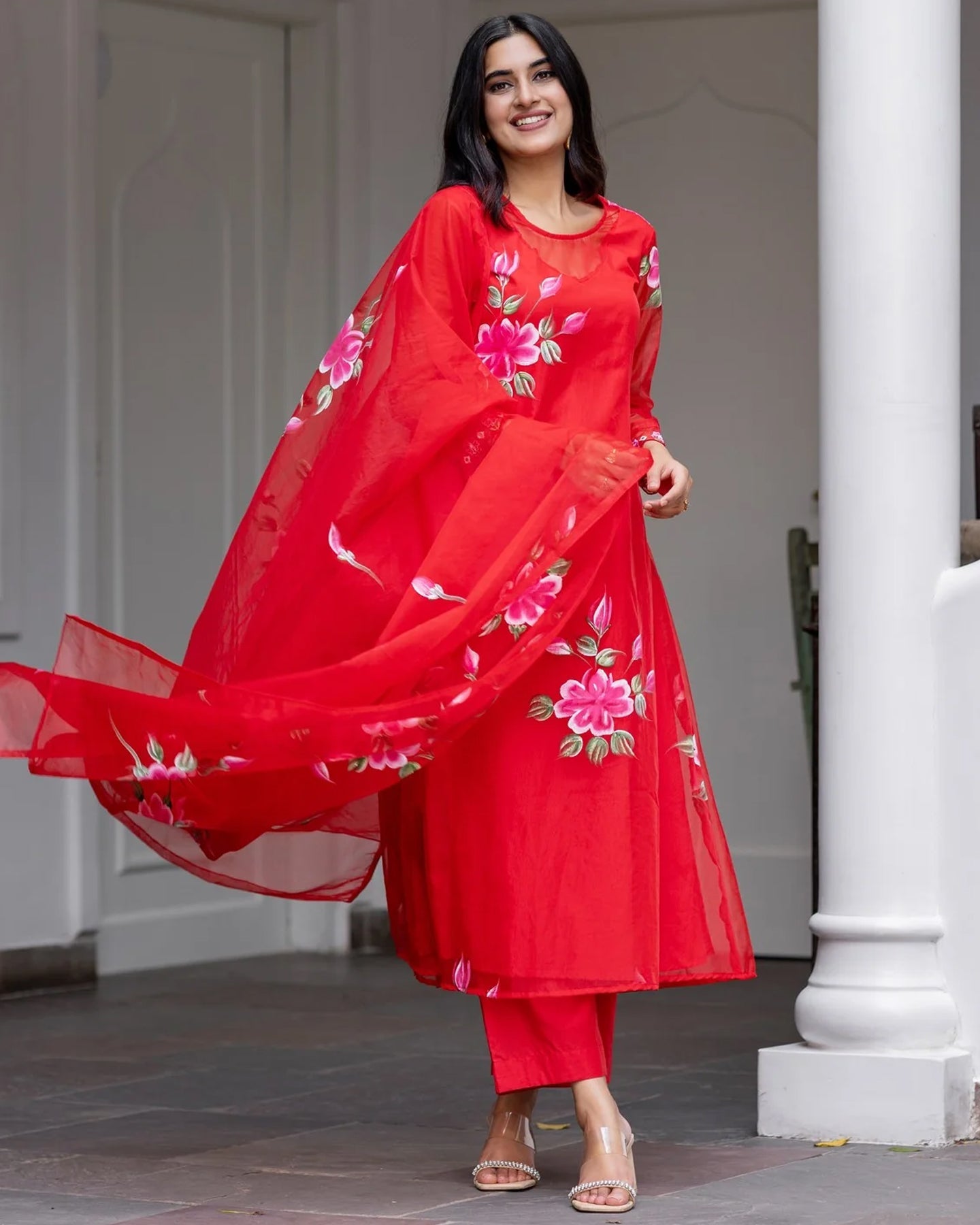 Buy Red Blossom Hand Painted Suit Set Online in India – Ambraee