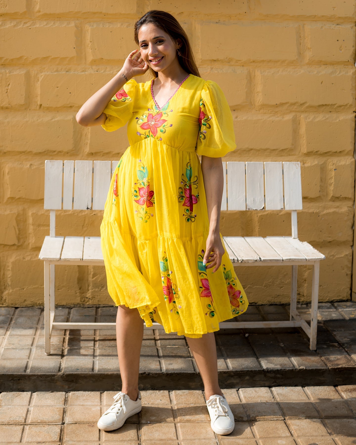 knee length dresses for ladies Buy Yellow Floral Doria Midi Dress for Women Online in India