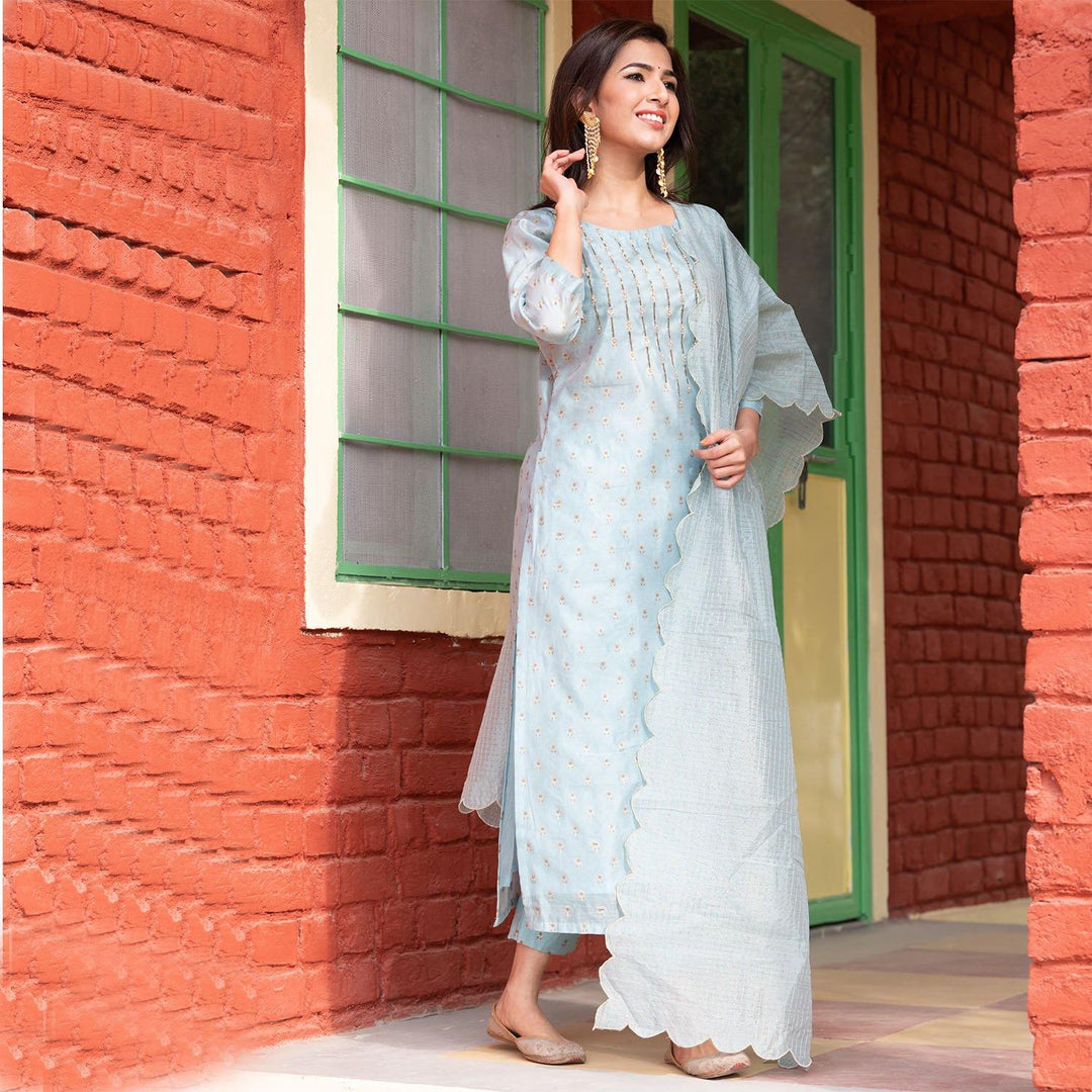 Elegant blue Chanderi suit set with intricate prints