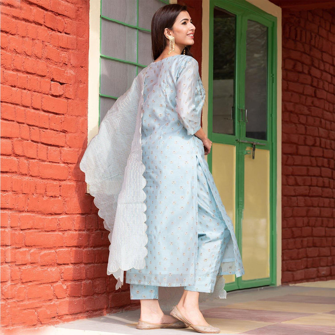 Blue Printed Chanderi Suit Set With Latest Design - Ambraee
