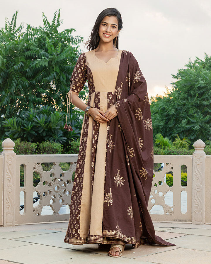 anarkali dress brown Brown Premium Designer Party Wear Anarkali Gown, Dupatta &am main image 0
