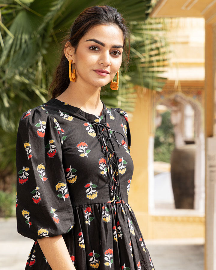 Buy Black Floral Printed Cotton Maxi Dress Online in India