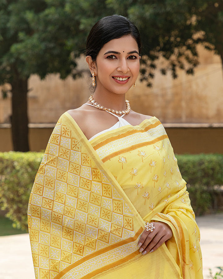 Yellow Lotus Chanderi Saree