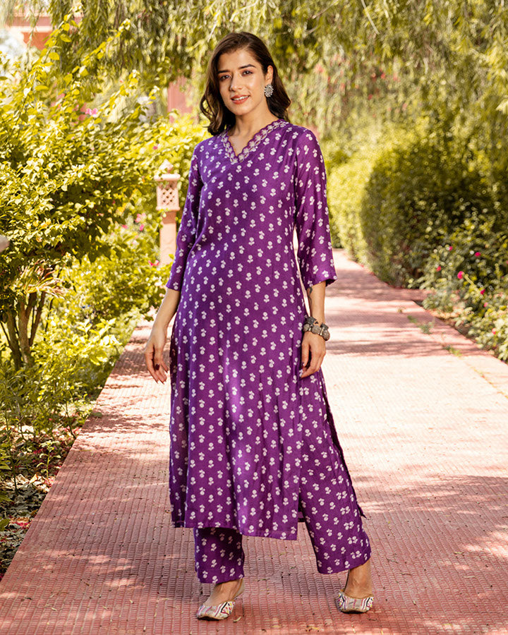 Lavender Floral Muslin Kurta Set