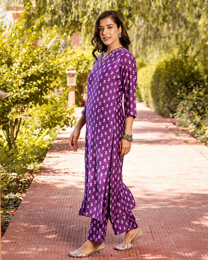 Lavender Floral Muslin Kurta Set