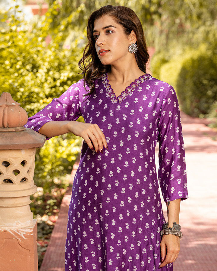 Lavender Floral Muslin Kurta Set