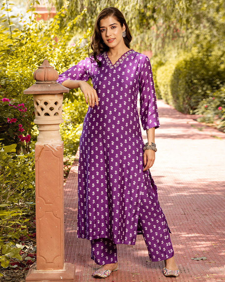 Lavender Floral Muslin Kurta Set