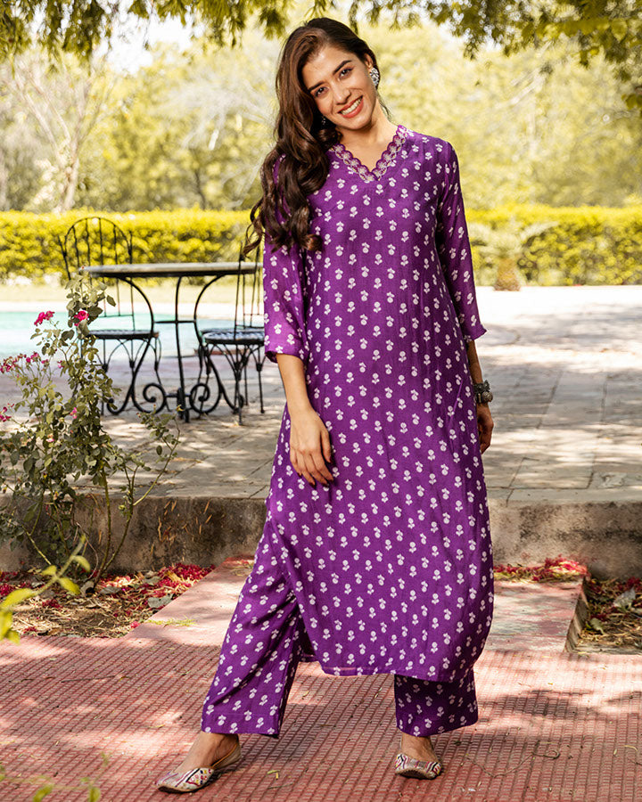 Lavender Floral Muslin Kurta Set