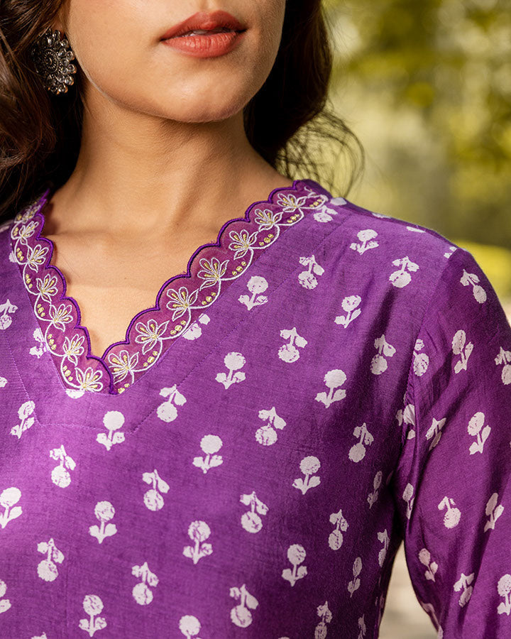 Lavender Floral Muslin Kurta Set