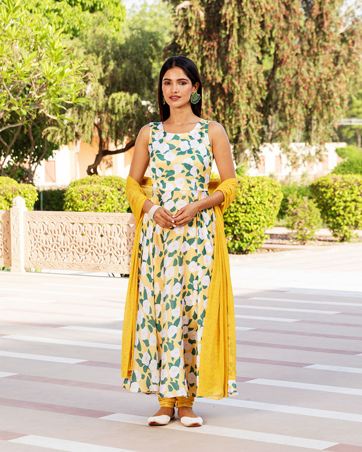 Yellow Floral Abstract Suit Set