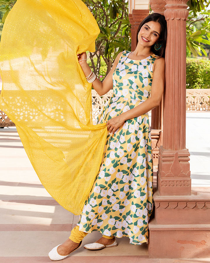 Yellow Floral Abstract Suit Set