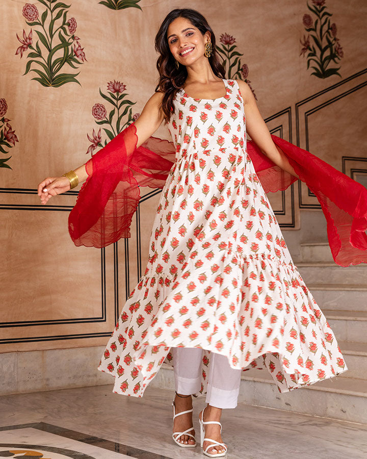White Kamal Buta Tiered Suit Set