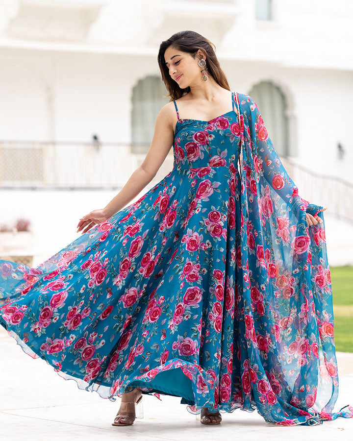 Sleek chiffon suit in blue with elegant floral accents