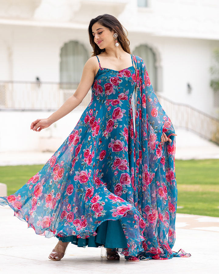 Buy Blue Chiffon Floral Suit Set Online In India Ambraee – Ambraee