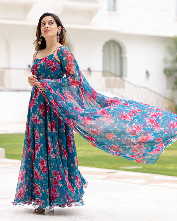 Elegant blue chiffon suit set with floral motifs