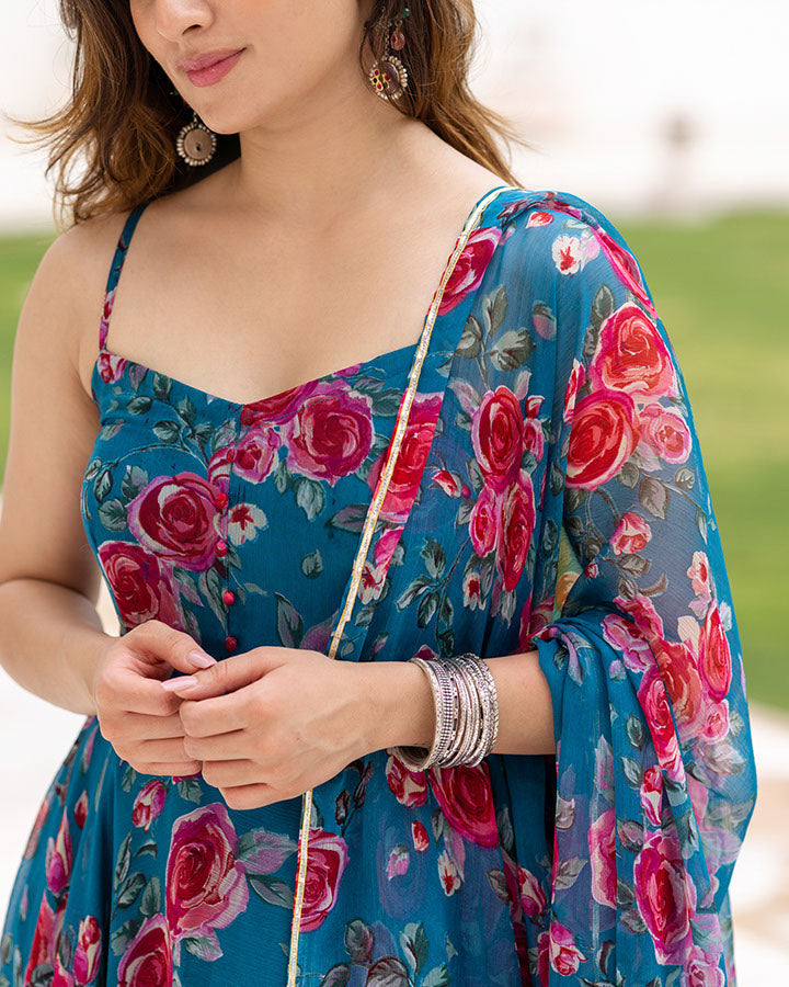 Modern floral-patterned suit set in beautiful blue chiffon