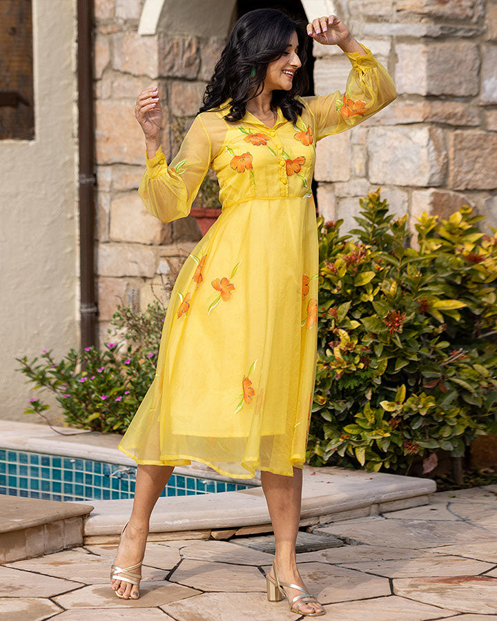 YELLOW HANDPAINTED ORGANZA DRESS