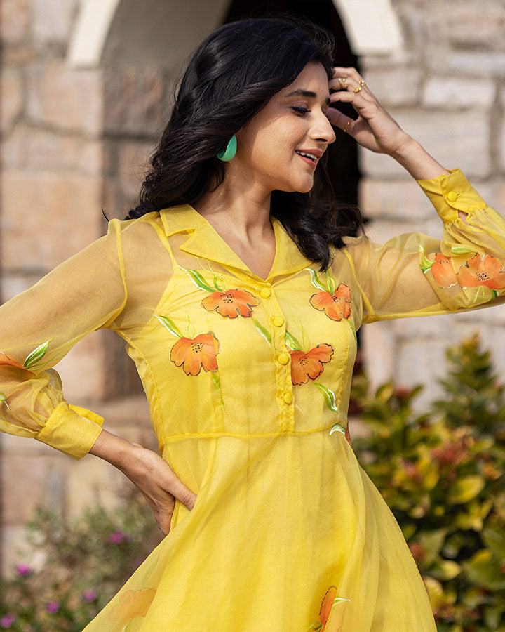 YELLOW HANDPAINTED ORGANZA DRESS