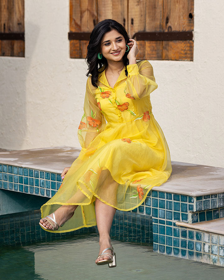 YELLOW HANDPAINTED ORGANZA DRESS